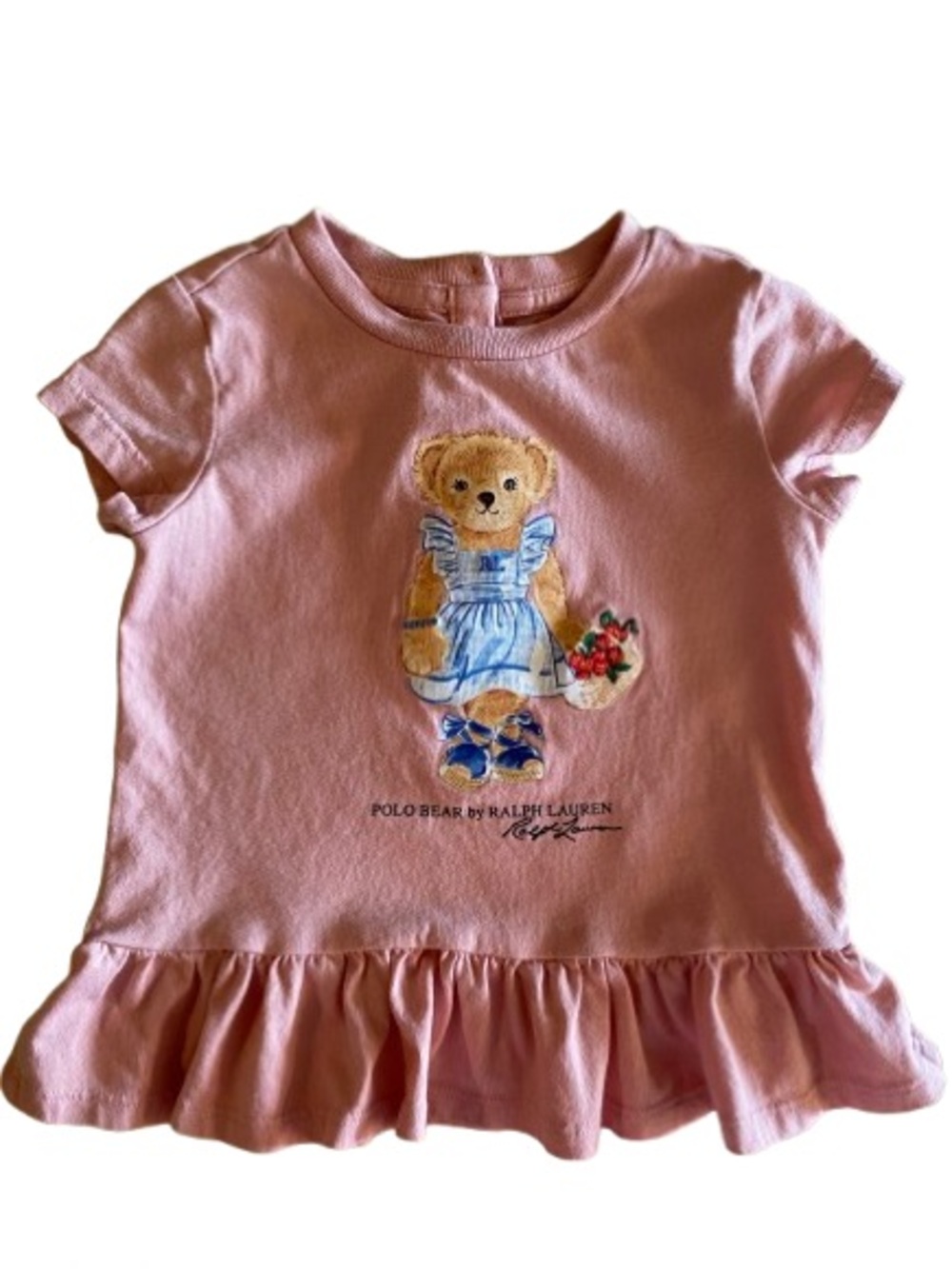 Ralph Lauren Baby Girl’s Polo Bear Pink T-Shirt Dress Size 12 mos Ruffle Hem EUC